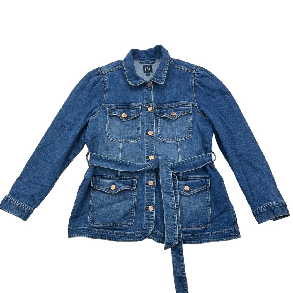 GAP Denim Field Jacket Women LP Large Petite Blue Belted Puff Sleeve Utility